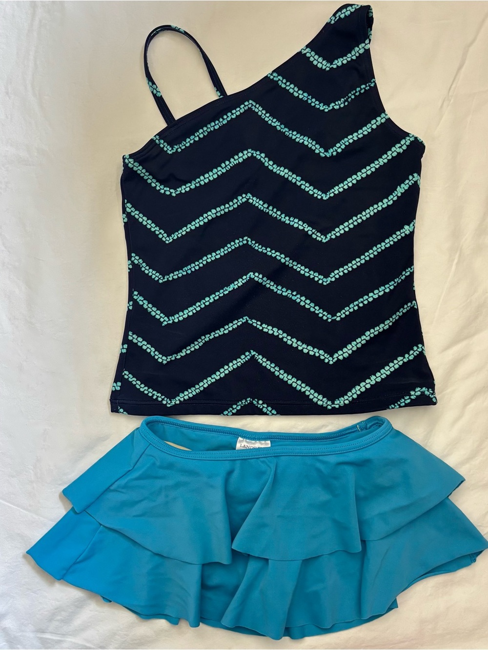 Lands' End Blue & Teal One-Shoulder Tankini with Teal Ruffle Skirt